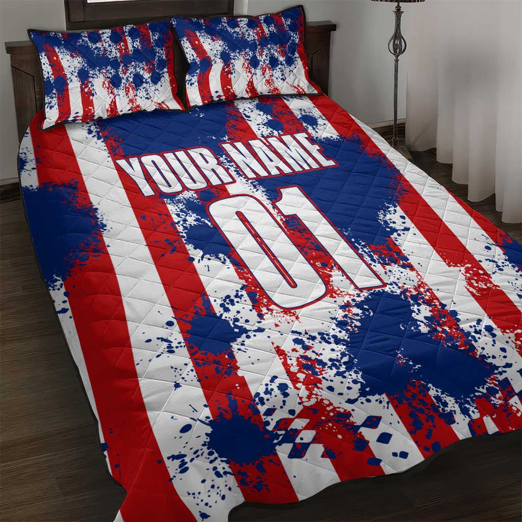 Moto X Skull Graphic Quilt Bed Set with Red White Blue Splatter and Custom Number Design - Wonder Print Shop