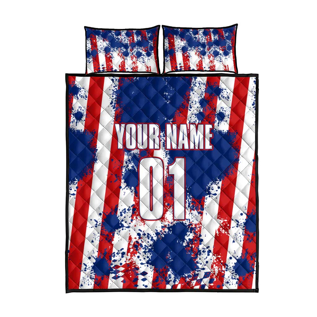 Moto X Skull Graphic Quilt Bed Set with Red White Blue Splatter and Custom Number Design - Wonder Print Shop