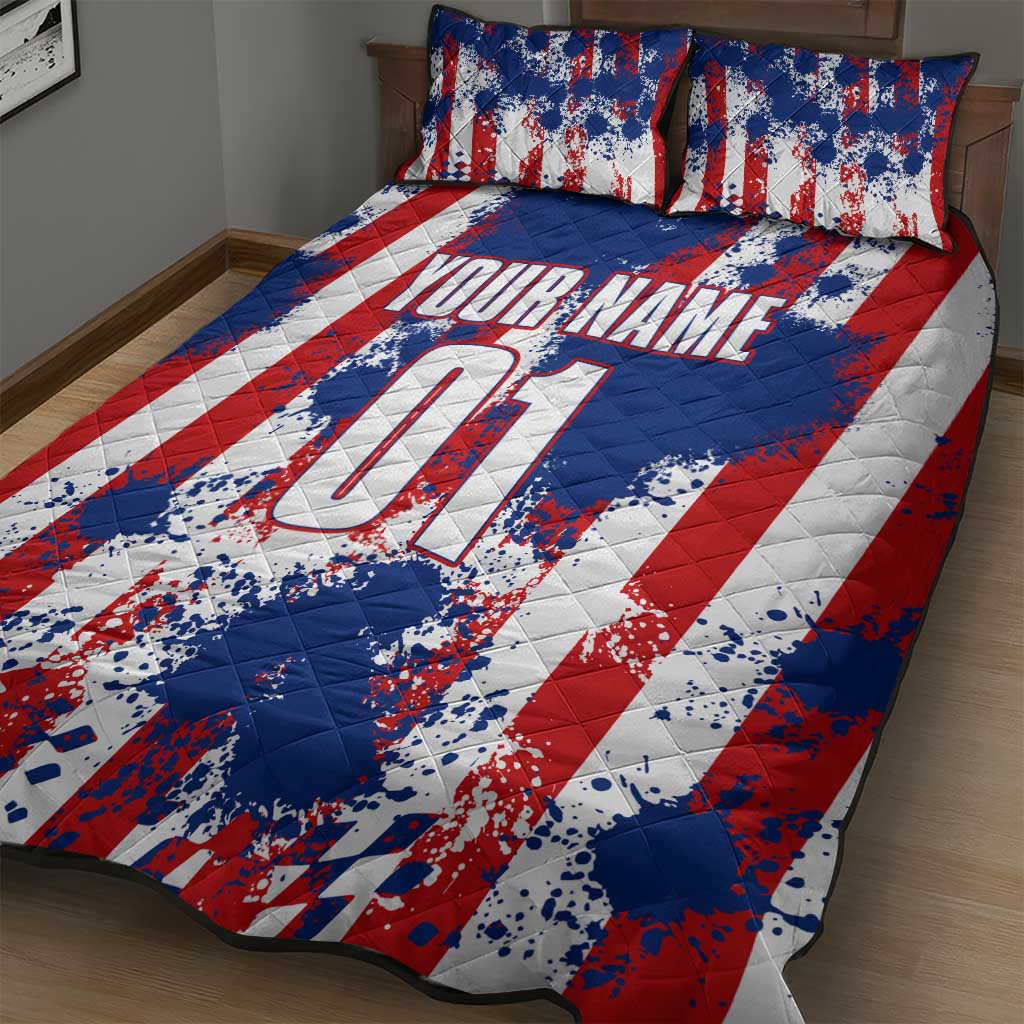 Moto X Skull Graphic Quilt Bed Set with Red White Blue Splatter and Custom Number Design - Wonder Print Shop