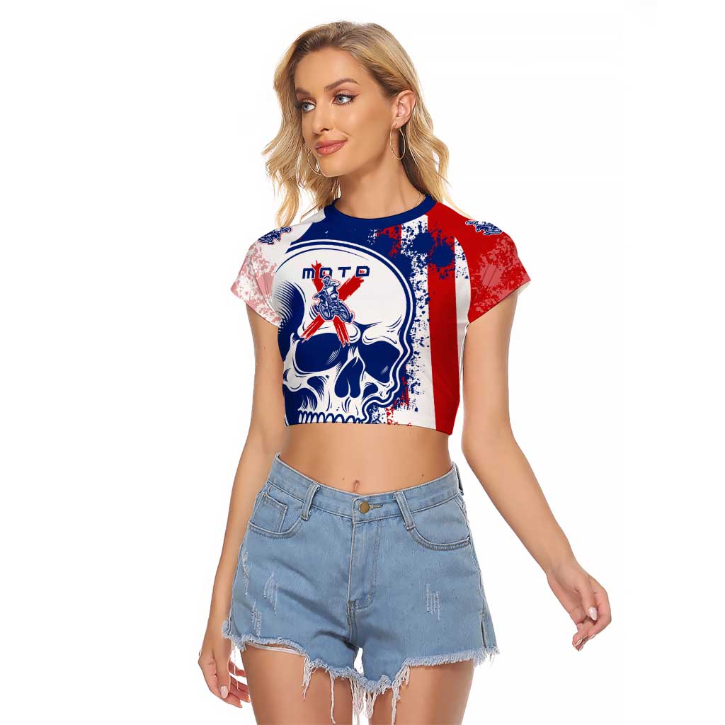 Moto X Skull Graphic Raglan Cropped T Shirt with Red White Blue Splatter and Custom Number Design - Wonder Print Shop