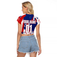 Moto X Skull Graphic Raglan Cropped T Shirt with Red White Blue Splatter and Custom Number Design - Wonder Print Shop