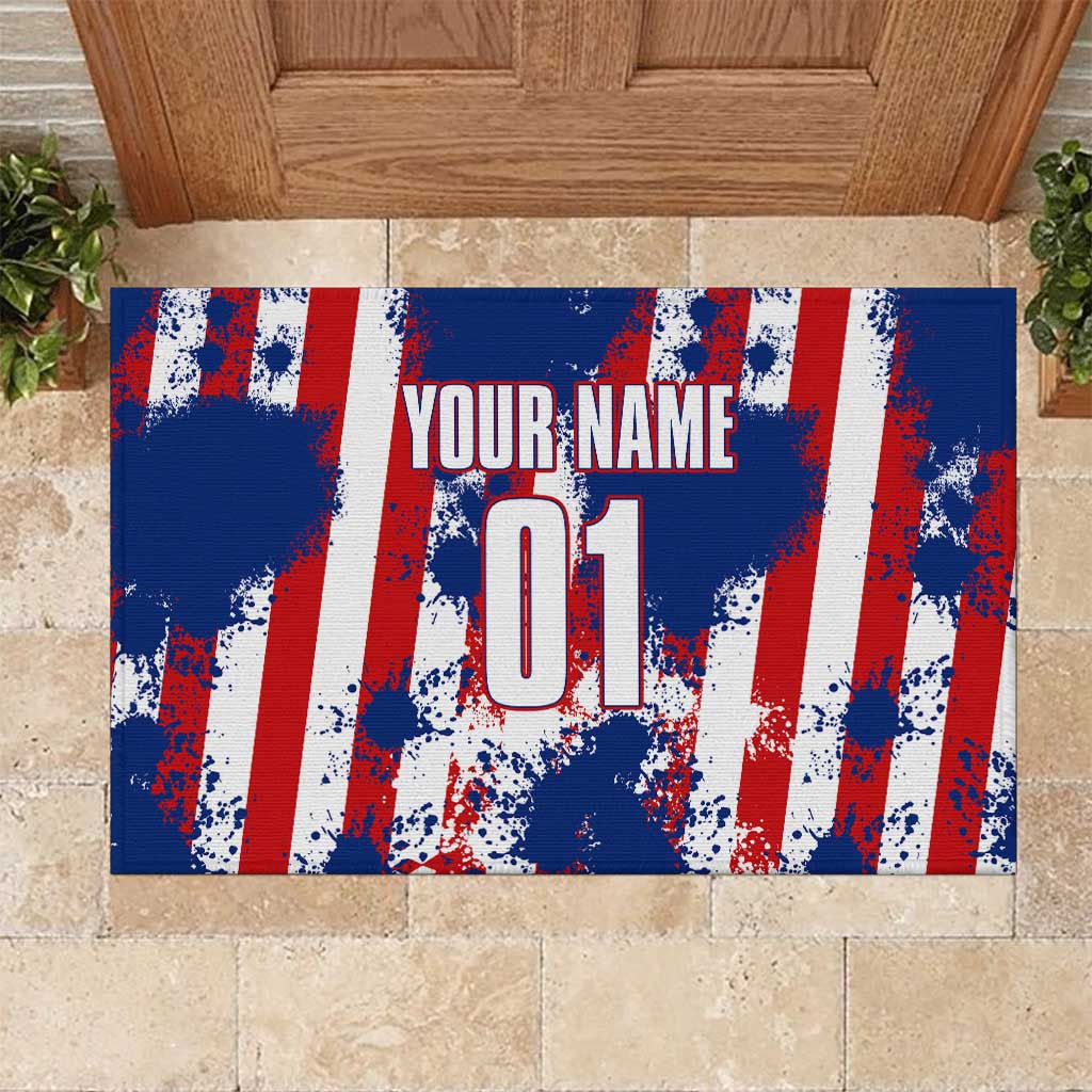 Moto X Skull Graphic Rubber Doormat with Red White Blue Splatter and Custom Number Design - Wonder Print Shop