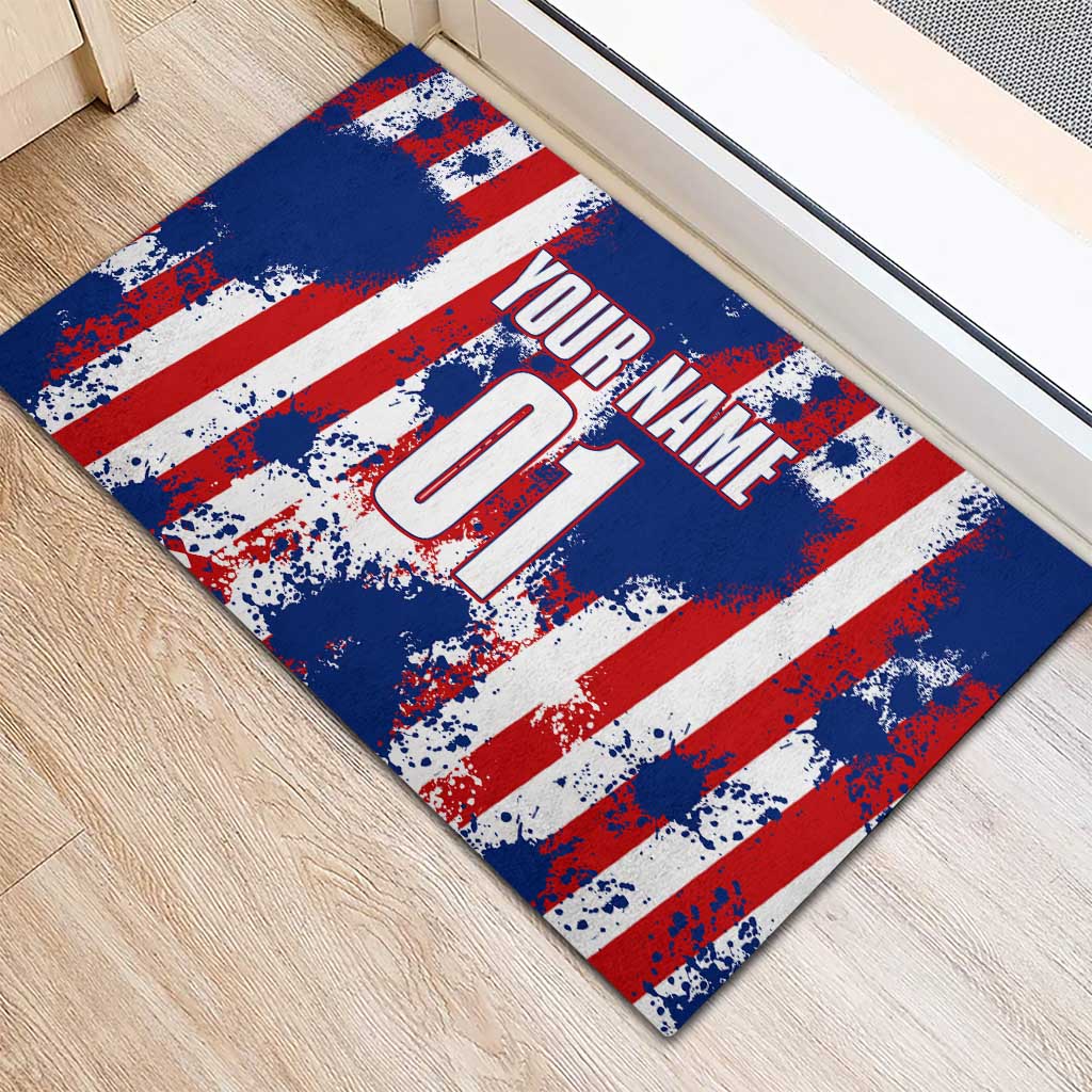 Moto X Skull Graphic Rubber Doormat with Red White Blue Splatter and Custom Number Design - Wonder Print Shop