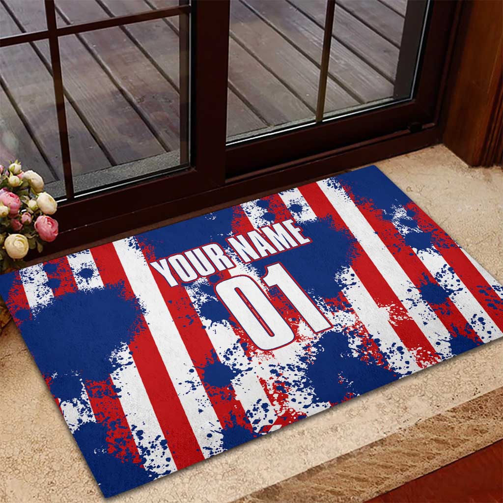 Moto X Skull Graphic Rubber Doormat with Red White Blue Splatter and Custom Number Design - Wonder Print Shop