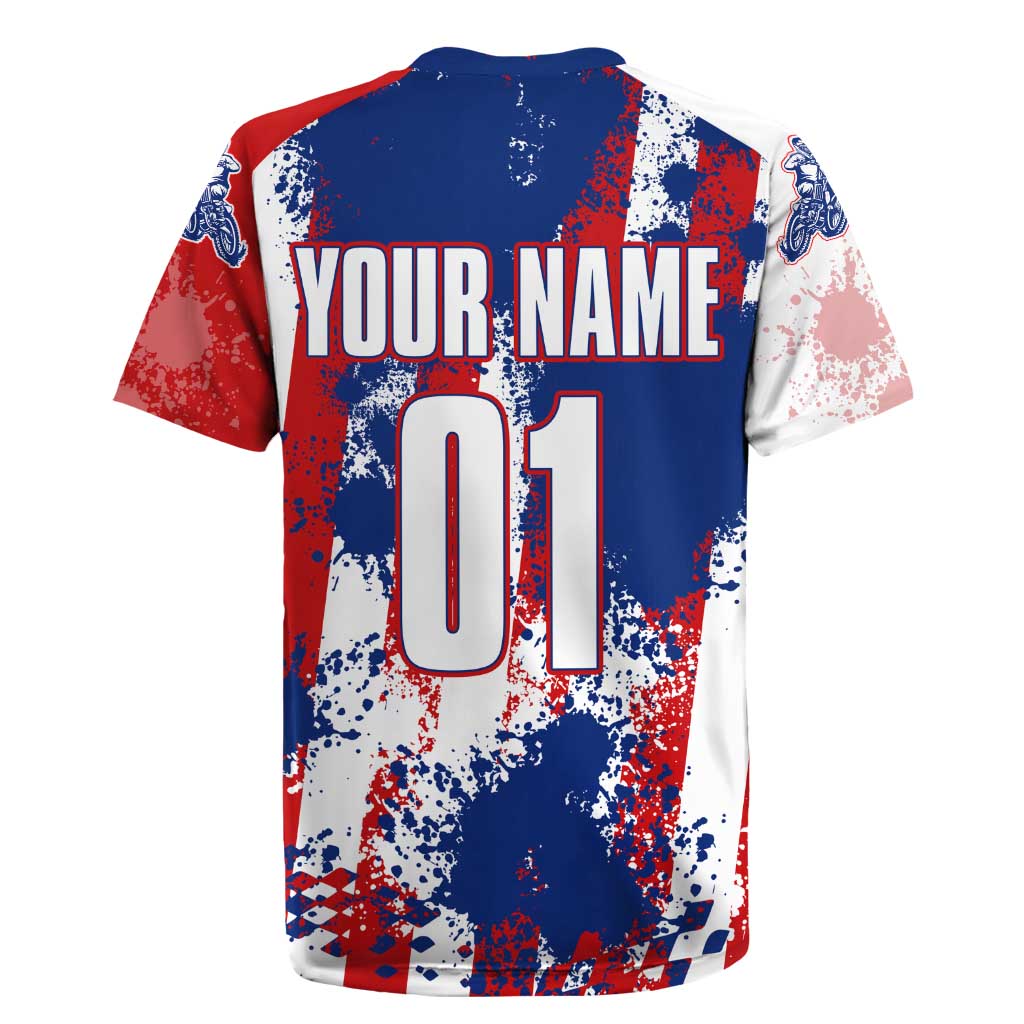 Moto X Skull Graphic Rugby Jersey with Red White Blue Splatter and Custom Number Design - Wonder Print Shop