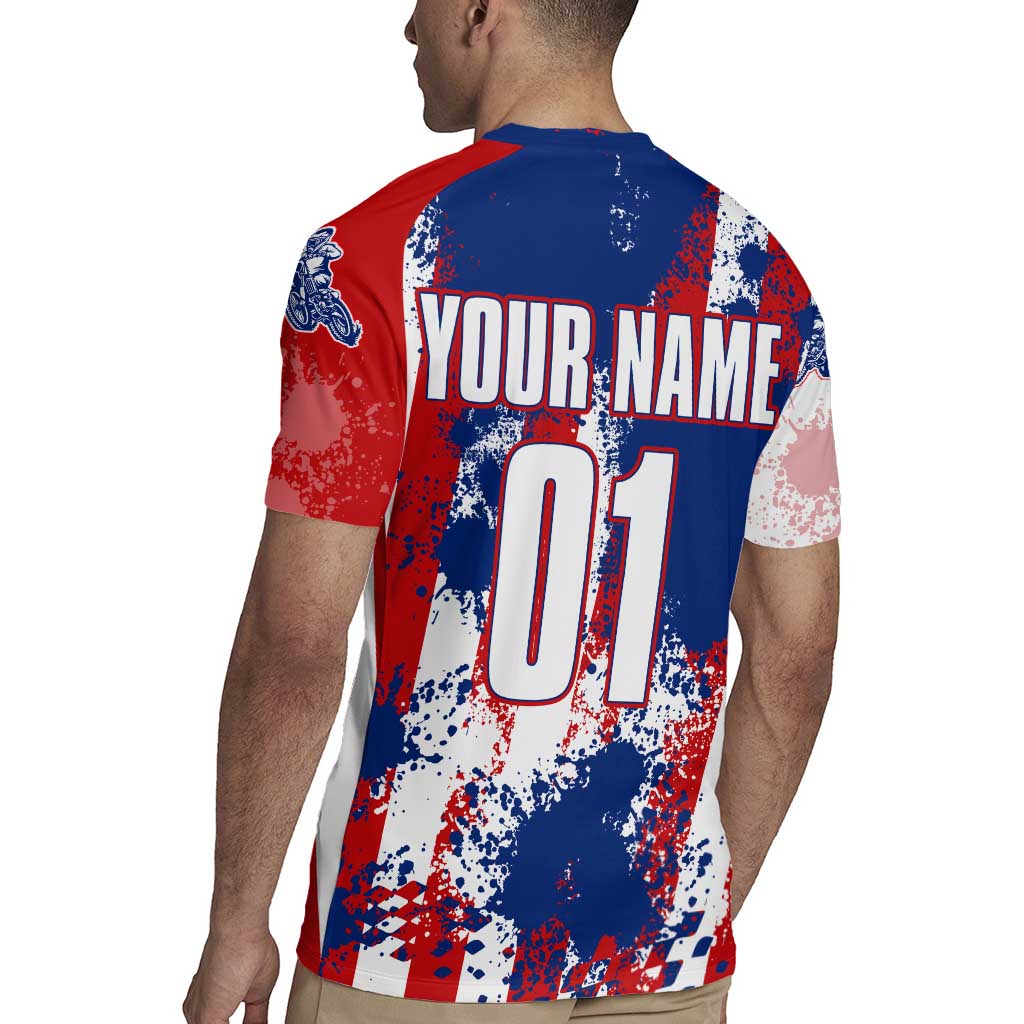 Moto X Skull Graphic Rugby Jersey with Red White Blue Splatter and Custom Number Design - Wonder Print Shop