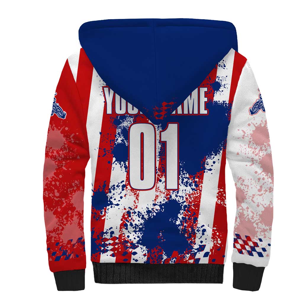 Moto X Skull Graphic Sherpa Hoodie with Red White Blue Splatter and Custom Number Design - Wonder Print Shop