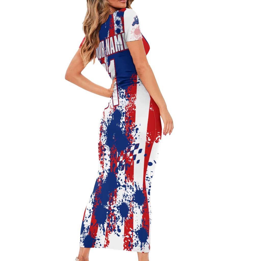 Moto X Skull Graphic Short Sleeve Bodycon Dress with Red White Blue Splatter and Custom Number Design - Wonder Print Shop