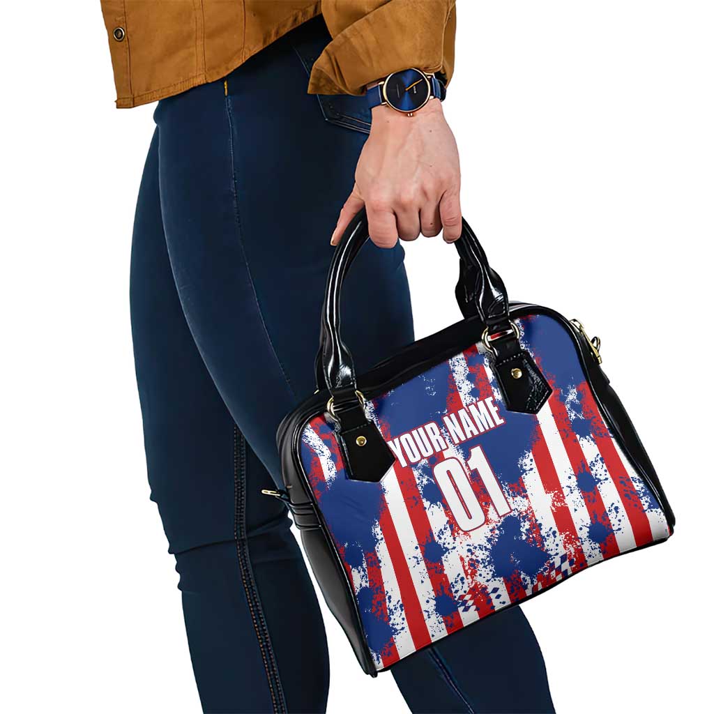 Moto X Skull Graphic Shoulder Handbag with Red White Blue Splatter and Custom Number Design - Wonder Print Shop