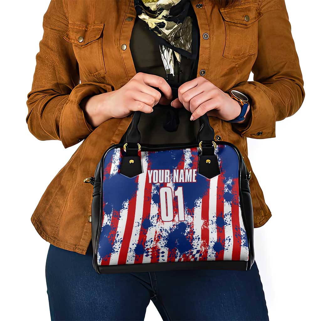 Moto X Skull Graphic Shoulder Handbag with Red White Blue Splatter and Custom Number Design - Wonder Print Shop