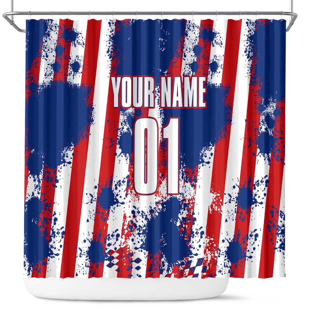 Moto X Skull Graphic Shower Curtain with Red White Blue Splatter and Custom Number Design - Wonder Print Shop