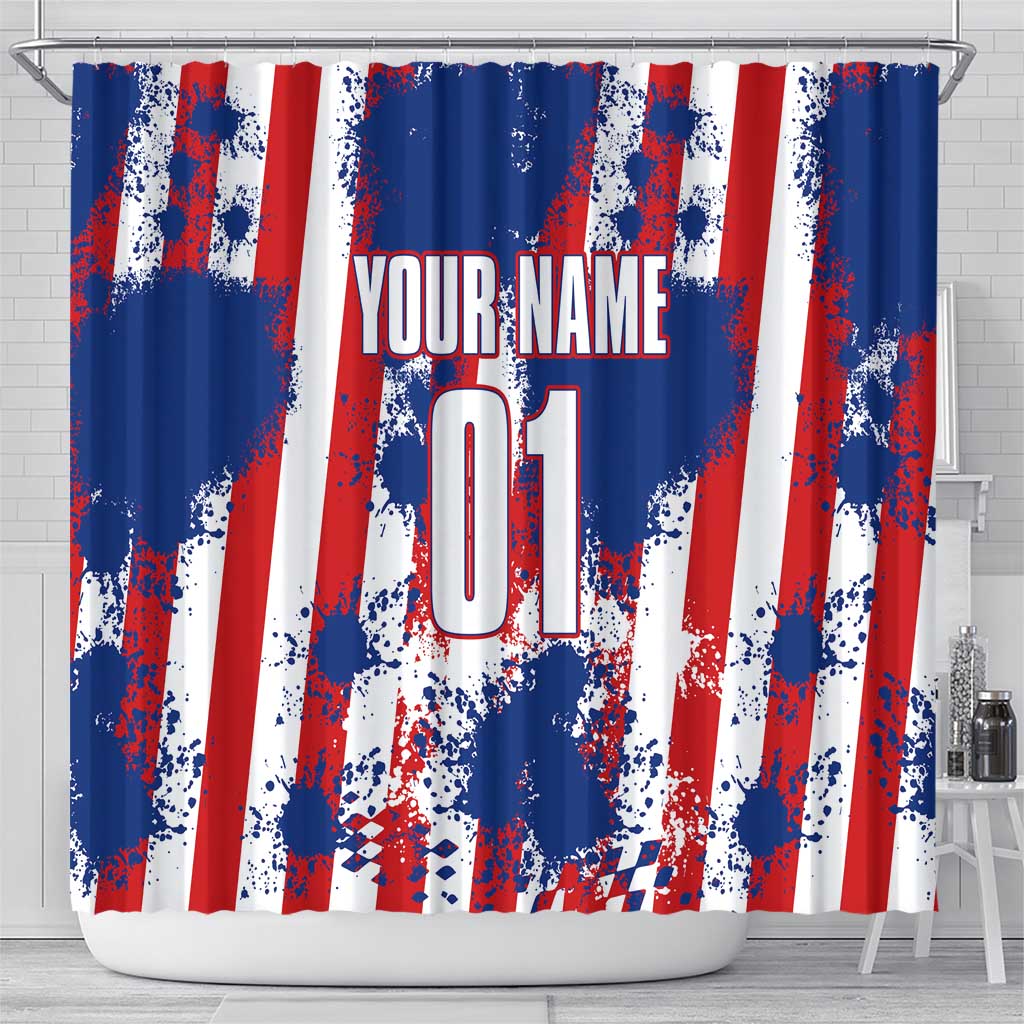 Moto X Skull Graphic Shower Curtain with Red White Blue Splatter and Custom Number Design - Wonder Print Shop
