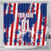 Moto X Skull Graphic Shower Curtain with Red White Blue Splatter and Custom Number Design - Wonder Print Shop