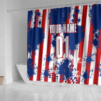 Moto X Skull Graphic Shower Curtain with Red White Blue Splatter and Custom Number Design - Wonder Print Shop