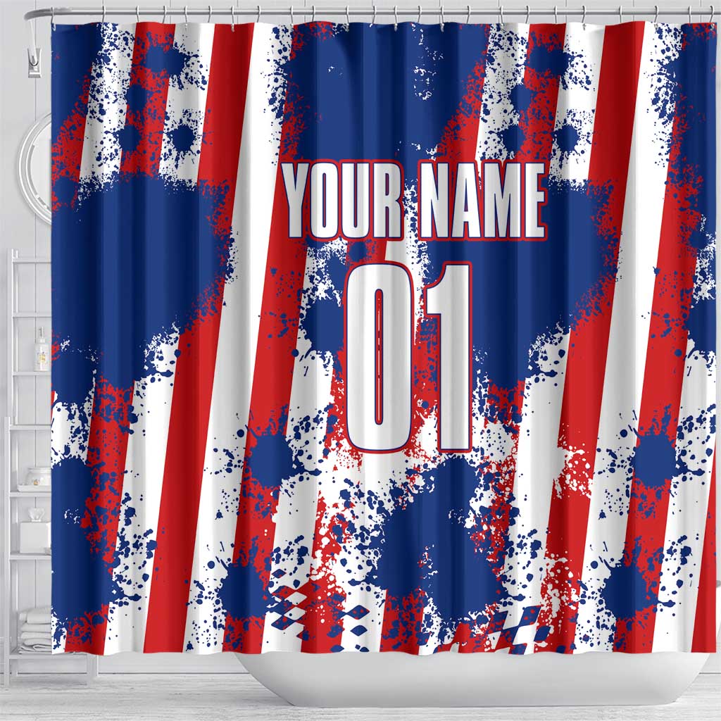 Moto X Skull Graphic Shower Curtain with Red White Blue Splatter and Custom Number Design - Wonder Print Shop