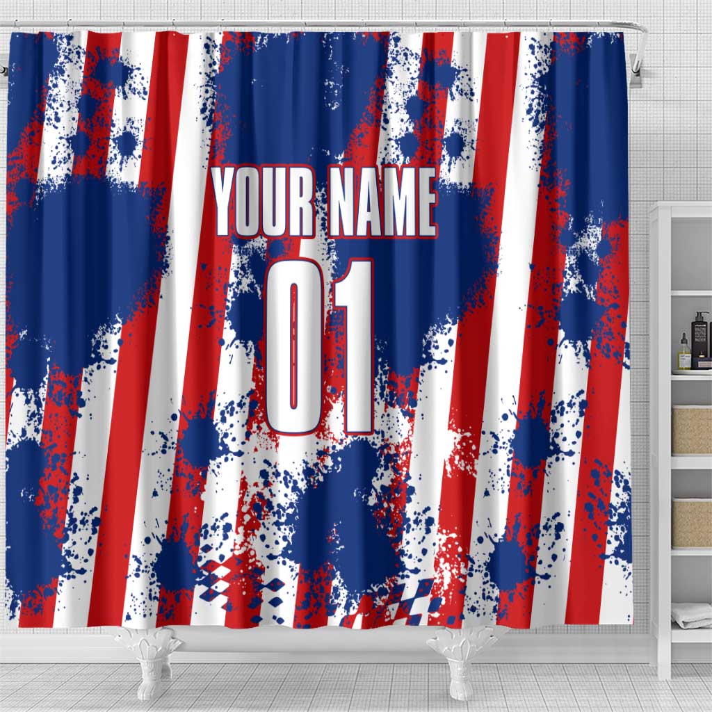 Moto X Skull Graphic Shower Curtain with Red White Blue Splatter and Custom Number Design - Wonder Print Shop