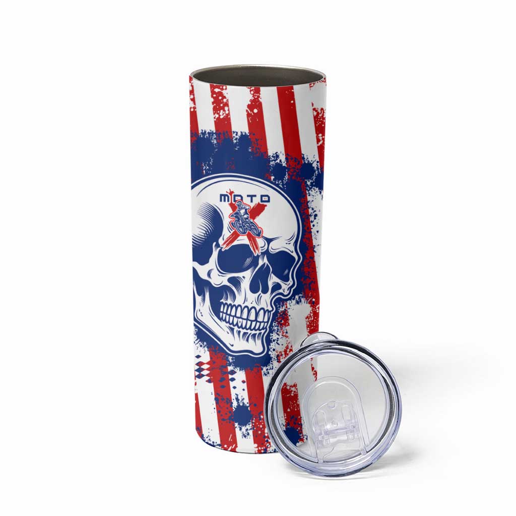 Moto X Skull Graphic Skinny Tumbler with Red White Blue Splatter and Custom Number Design - Wonder Print Shop