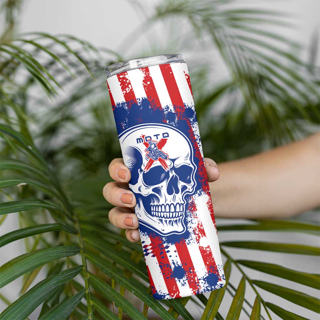 Moto X Skull Graphic Skinny Tumbler with Red White Blue Splatter and Custom Number Design - Wonder Print Shop