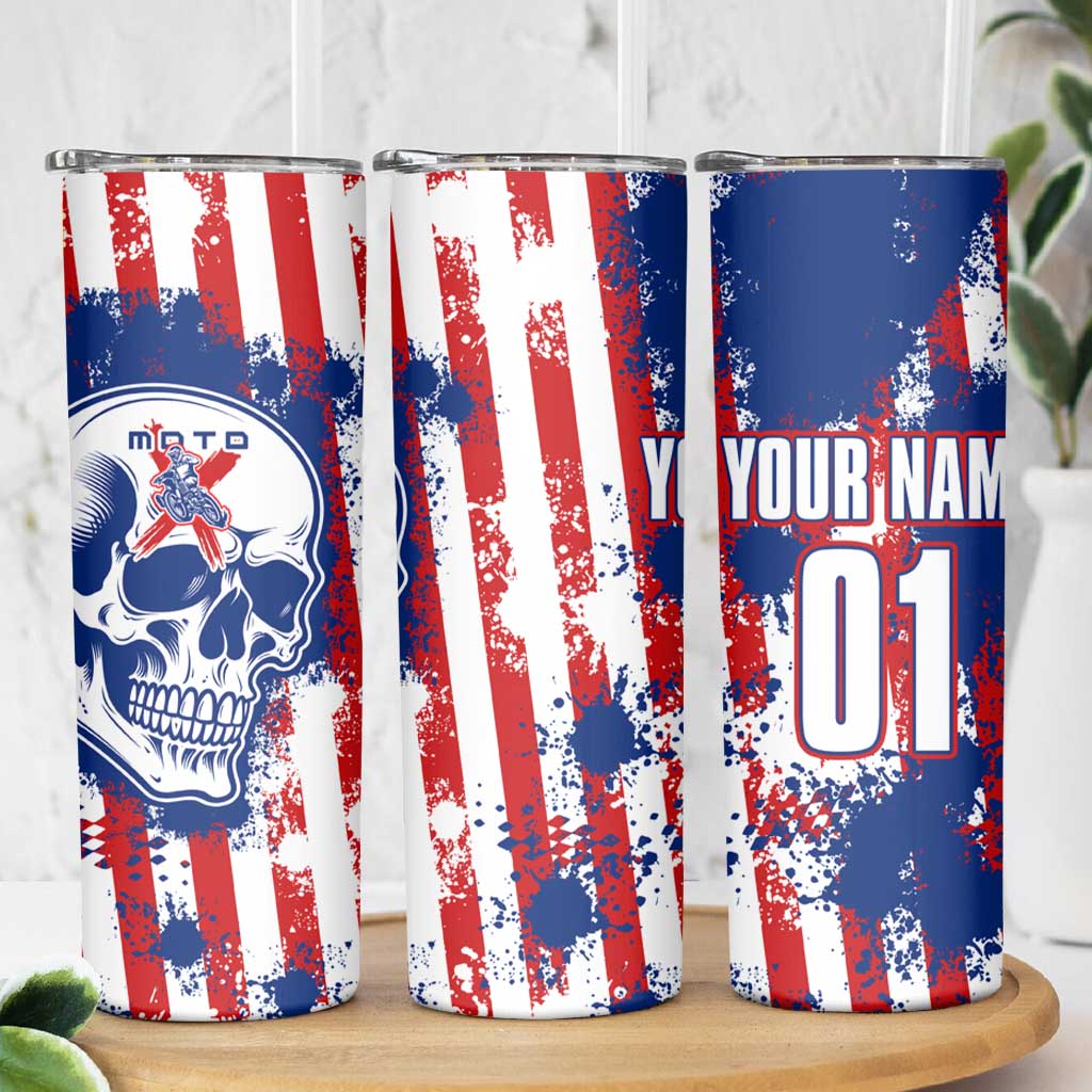 Moto X Skull Graphic Skinny Tumbler with Red White Blue Splatter and Custom Number Design - Wonder Print Shop