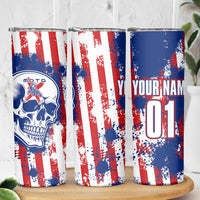 Moto X Skull Graphic Skinny Tumbler with Red White Blue Splatter and Custom Number Design - Wonder Print Shop