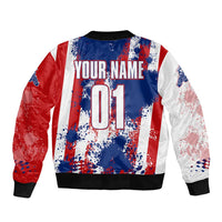 Moto X Skull Graphic Sleeve Zip Bomber Jacket with Red White Blue Splatter and Custom Number Design - Wonder Print Shop