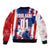 Moto X Skull Graphic Sleeve Zip Bomber Jacket with Red White Blue Splatter and Custom Number Design - Wonder Print Shop