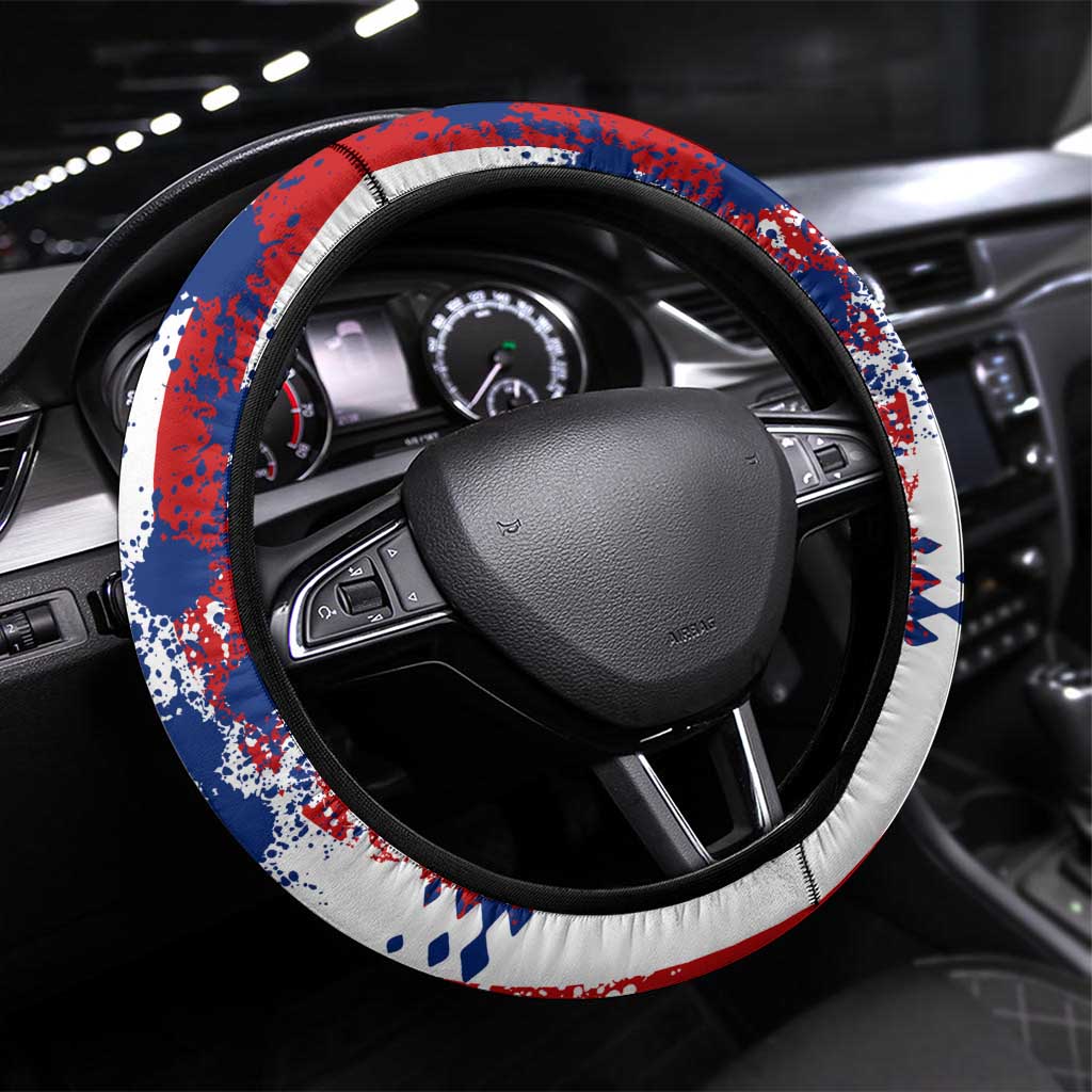 Moto X Skull Graphic Steering Wheel Cover with Red White Blue Splatter and Number Design - Wonder Print Shop