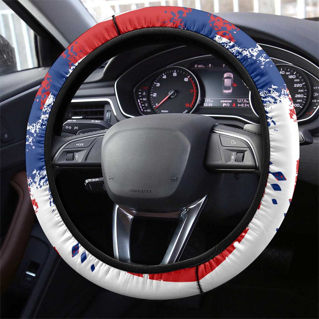 Moto X Skull Graphic Steering Wheel Cover with Red White Blue Splatter and Number Design - Wonder Print Shop