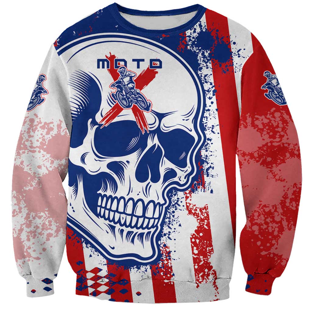 Moto X Skull Graphic Sweatshirt with Red White Blue Splatter and Custom Number Design - Wonder Print Shop