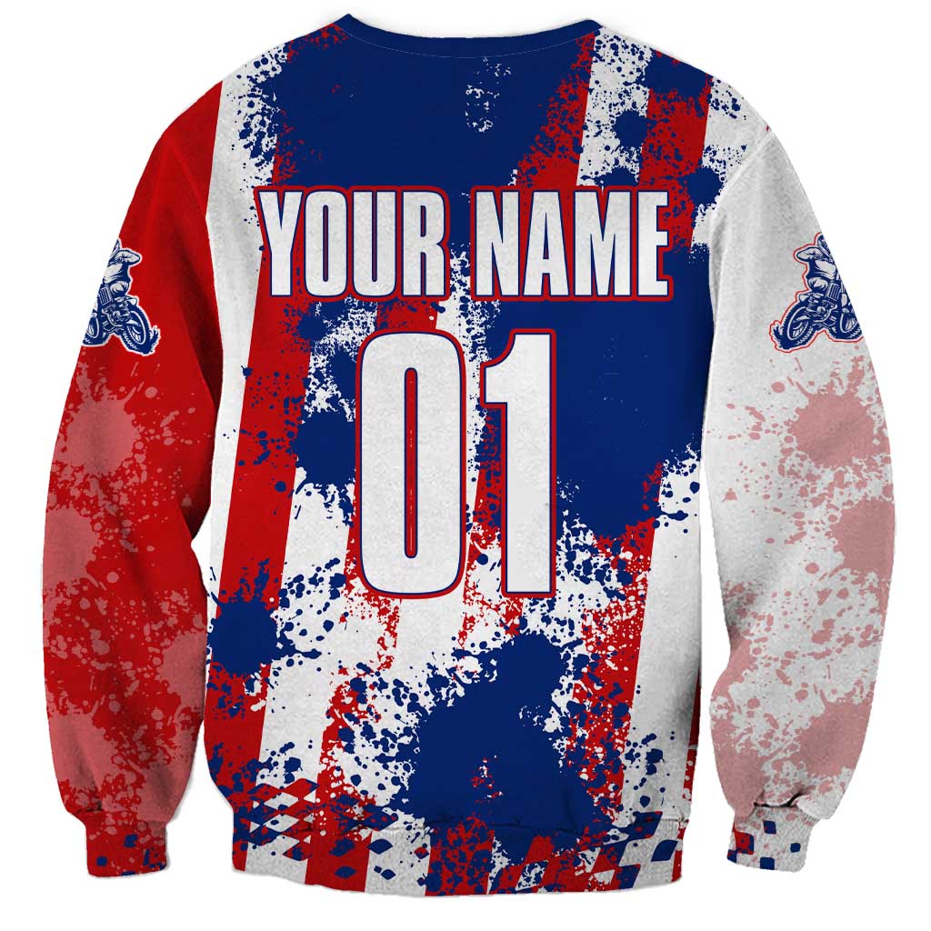 Moto X Skull Graphic Sweatshirt with Red White Blue Splatter and Custom Number Design - Wonder Print Shop