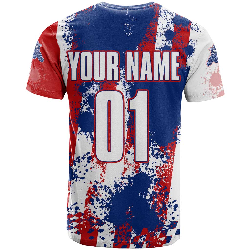 Moto X Skull Graphic T Shirt with Red White Blue Splatter and Custom Number Design - Wonder Print Shop