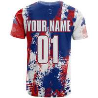 Moto X Skull Graphic T Shirt with Red White Blue Splatter and Custom Number Design - Wonder Print Shop