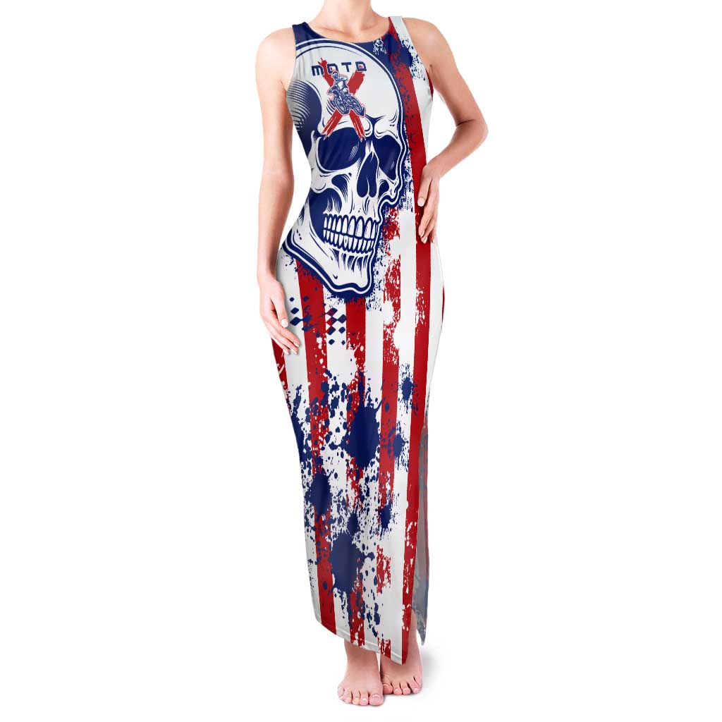 Moto X Skull Graphic Tank Maxi Dress with Red White Blue Splatter and Custom Number Design - Wonder Print Shop