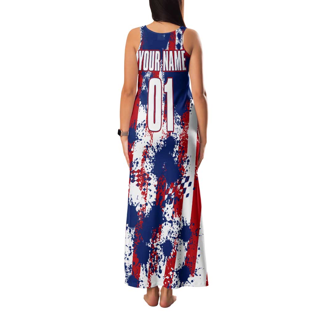 Moto X Skull Graphic Tank Maxi Dress with Red White Blue Splatter and Custom Number Design - Wonder Print Shop