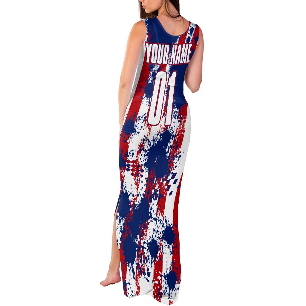 Moto X Skull Graphic Tank Maxi Dress with Red White Blue Splatter and Custom Number Design - Wonder Print Shop