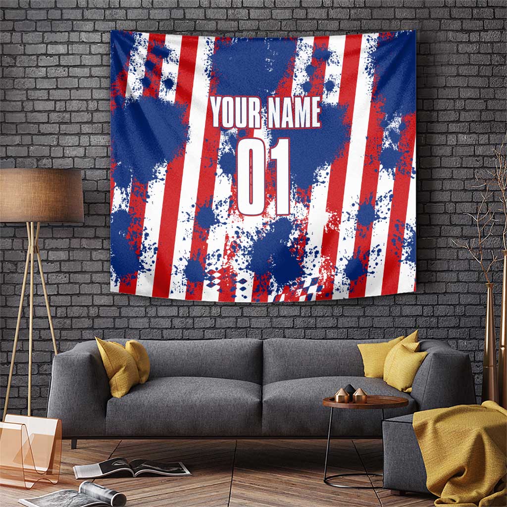 Moto X Skull Graphic Tapestry with Red White Blue Splatter and Custom Number Design - Wonder Print Shop