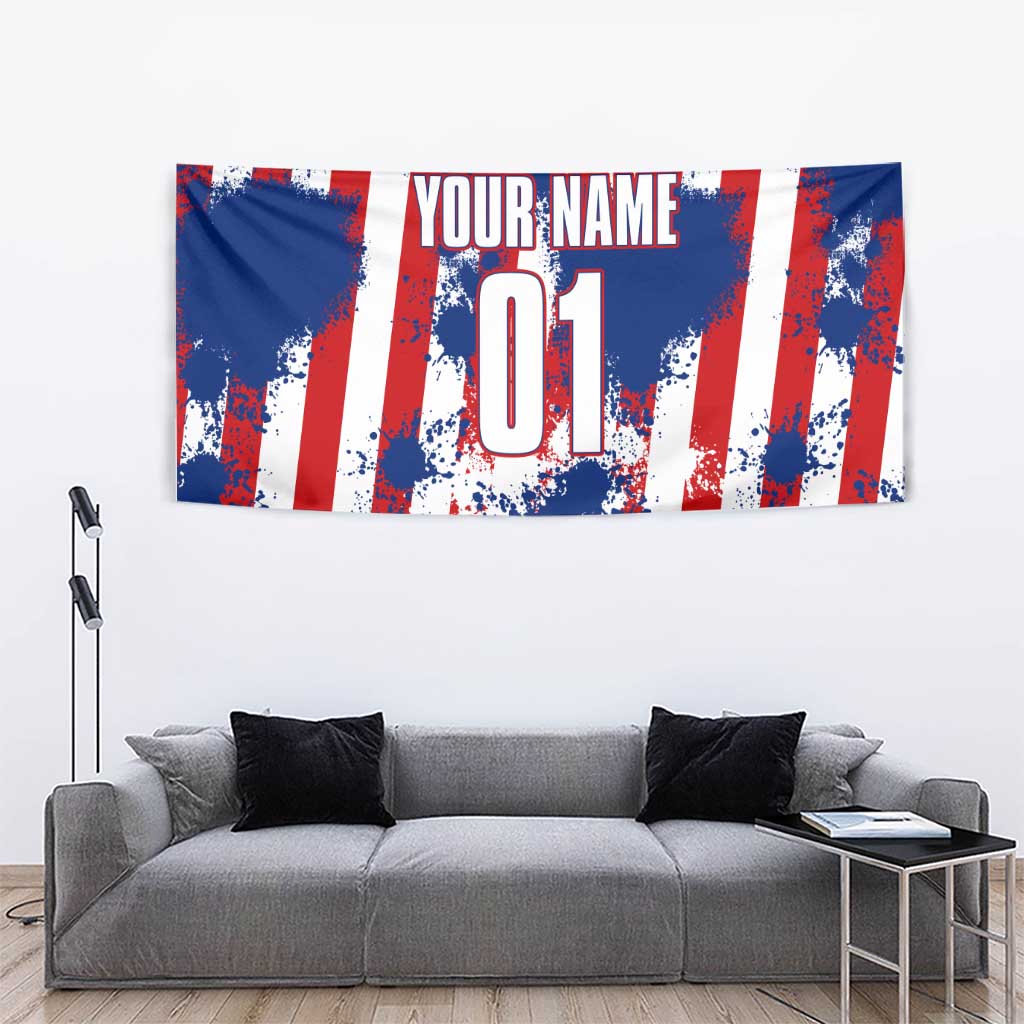 Moto X Skull Graphic Tapestry with Red White Blue Splatter and Custom Number Design - Wonder Print Shop