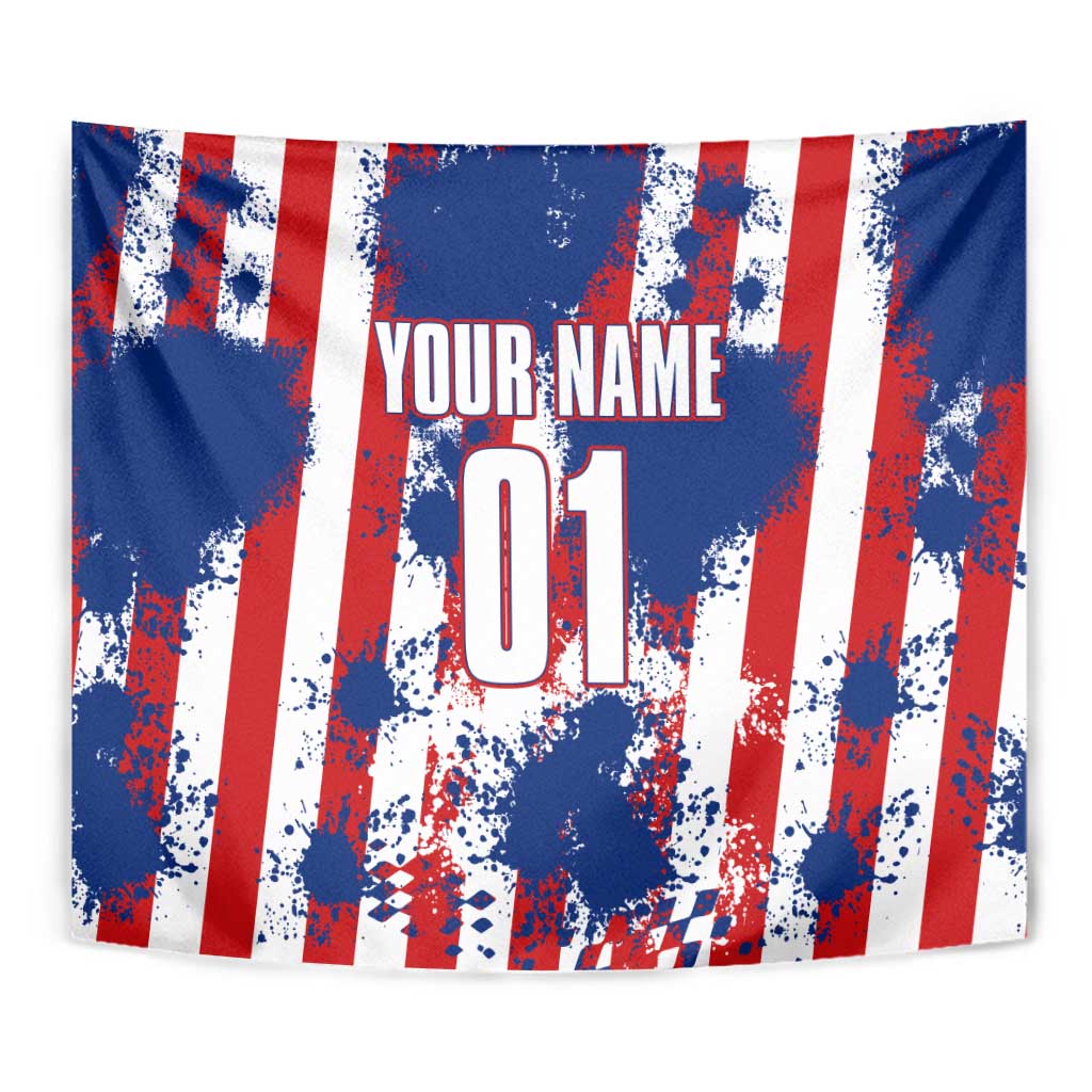 Moto X Skull Graphic Tapestry with Red White Blue Splatter and Custom Number Design - Wonder Print Shop