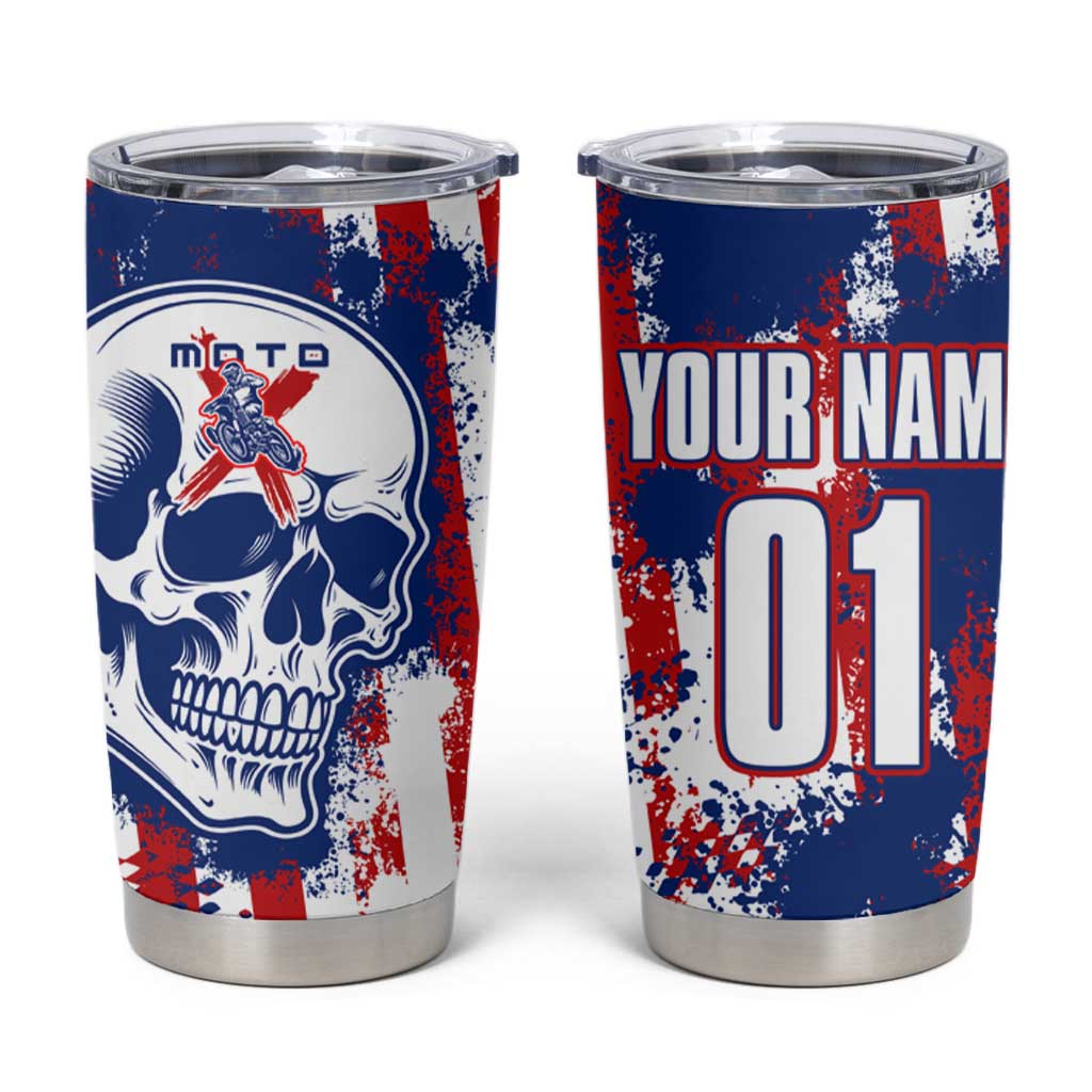 Moto X Skull Graphic Tumbler Cup with Red White Blue Splatter and Custom Number Design - Wonder Print Shop