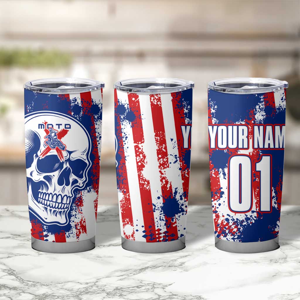 Moto X Skull Graphic Tumbler Cup with Red White Blue Splatter and Custom Number Design - Wonder Print Shop