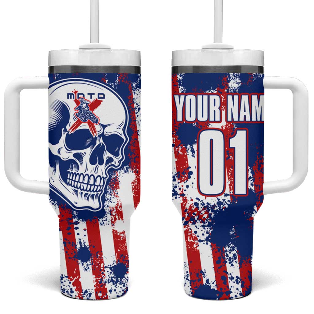 Moto X Skull Graphic Tumbler With Handle with Red White Blue Splatter and Custom Number Design - Wonder Print Shop