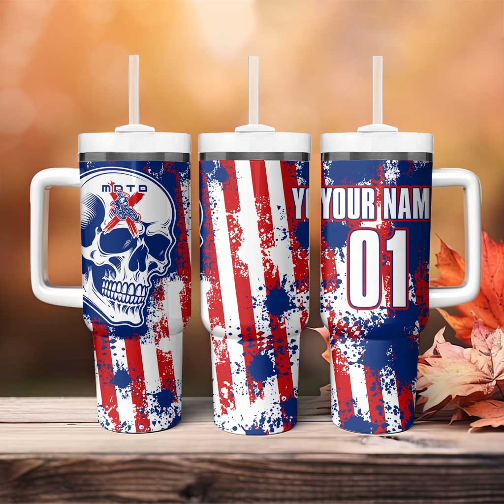 Moto X Skull Graphic Tumbler With Handle with Red White Blue Splatter and Custom Number Design - Wonder Print Shop