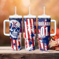 Moto X Skull Graphic Tumbler With Handle with Red White Blue Splatter and Custom Number Design - Wonder Print Shop