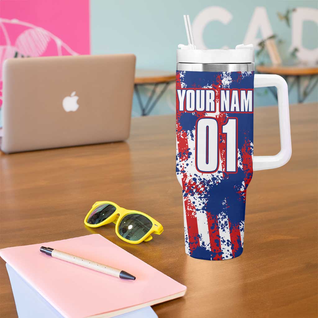Moto X Skull Graphic Tumbler With Handle with Red White Blue Splatter and Custom Number Design - Wonder Print Shop