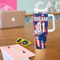 Moto X Skull Graphic Tumbler With Handle with Red White Blue Splatter and Custom Number Design - Wonder Print Shop