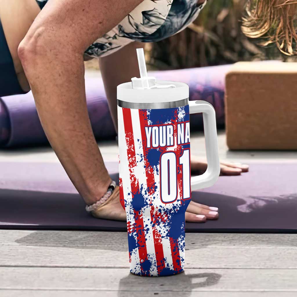 Moto X Skull Graphic Tumbler With Handle with Red White Blue Splatter and Custom Number Design - Wonder Print Shop