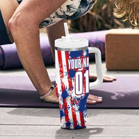 Moto X Skull Graphic Tumbler With Handle with Red White Blue Splatter and Custom Number Design - Wonder Print Shop