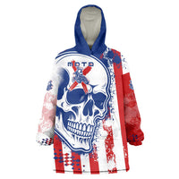 Moto X Skull Graphic Wearable Blanket Hoodie with Red White Blue Splatter and Custom Number Design - Wonder Print Shop