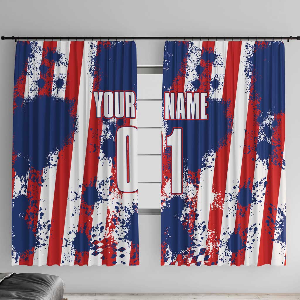 Moto X Skull Graphic Window Curtain with Red White Blue Splatter and Custom Number Design - Wonder Print Shop
