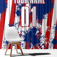 Moto X Skull Graphic Window Curtain with Red White Blue Splatter and Custom Number Design - Wonder Print Shop